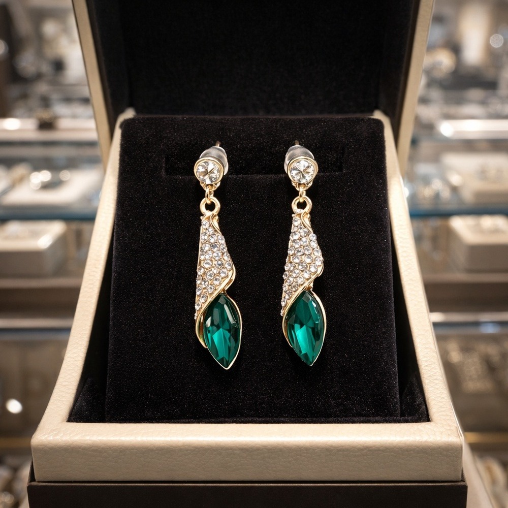 Emerald Green Crystal Drop Earrings Gold Tone Pave Accent Formal Wedding Jewelry